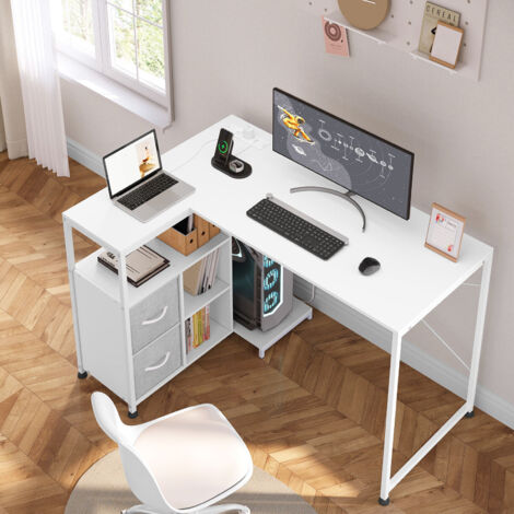 WOLTU Schreibtisch L-Form, Computertisch mit Steckdosen USB-A Typ-C, Eckschreibtisch mit Regal umkehrbar, Bürotisch Gaming Tisch mit Rechnerfach, Metallrahmen, 120x80 cm, Weiß