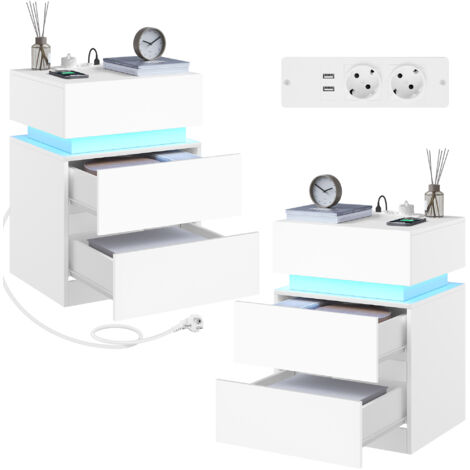 WOLTU Nachttisch 2er Set, Nachtschrank mit Ladefunktion, LED-Beleuchtung 25 Lichtfarben, Nachtschrank mit 2 Schubladen 1 Fach, Kabelführung, Nachtkommode Sofatisch, 40x55x35 cm, Weiß
