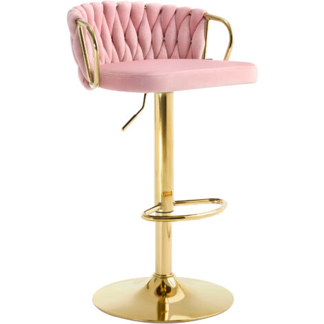 WOLTU 1x Barhocker, höhenverstellbarer Barstuhl, Drehstuhl mit geflochtener Rückenlehne Fußstütze, Barstuhl 360° drehbar, Tresenstuhl mit Samt und Metallrahmen, Rosa