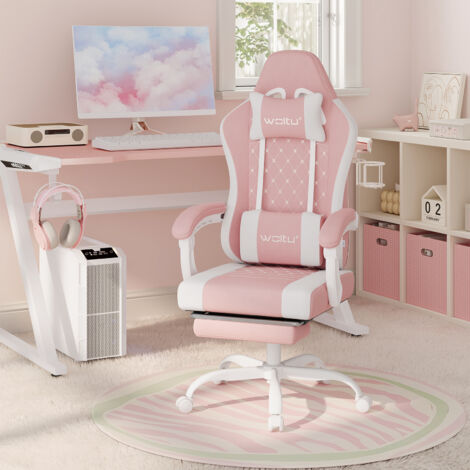 WOLTU Gaming Stuhl ergonomisch, Bürostuhl mit Massagefunktion, Computerstuhl mit Taschenfederkissen, Kopfkissen, Lendenkissen, Drehstuhl mit Fußstütze, aus Netzstoff, Rosa+Weiß