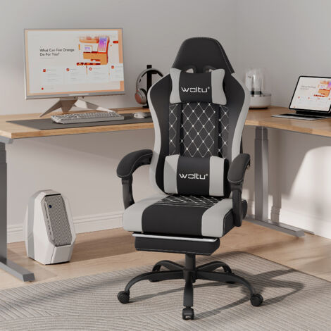 WOLTU Gaming Stuhl ergonomisch, Bürostuhl mit Massagefunktion, Computerstuhl mit Taschenfederkissen, Kopfkissen, Lendenkissen, Drehstuhl mit Fußstütze, aus Netzstoff, Schwarz+Grau