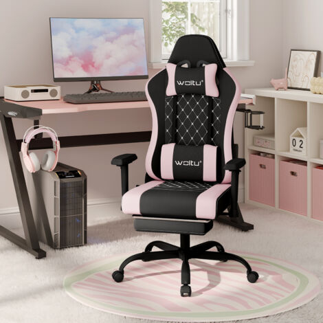WOLTU Gaming Stuhl ergonomisch, Racing Gamer Sessel, Computerstuhl mit Rollen, Kopfstütze, Fußstütze, Lendenkissen, Drehstuhl 150 kg, aus Netzstoff, Schwarz+Rosa