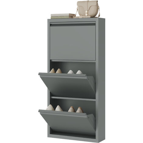 WOLTU Schuhschrank,Hellgrau, mit 3 Klappen, Schuhregal, Schuhkipper, für 9 Paar Schuhe, aus Metall, 50x106x15 cm