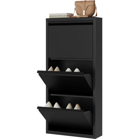 WOLTU Schuhschrank, Schwarz,mit 3 Klappen, Schuhregal, Schuhkipper, für 9 Paar Schuhe, aus Metall, 50x106x15 cm