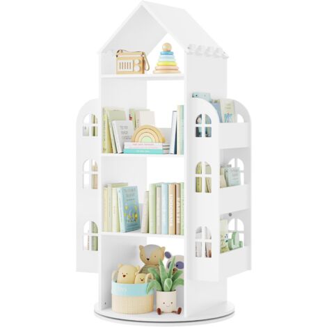 WOLTU Drehbares Bücherregal Kinder, Kinderregal Kinderbücherregal, mit 4 Ebenen, Regal Hausform, Weiß