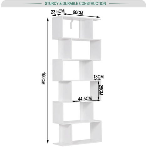 WOLTU Bücherregal 6 Ebenen, Standregal zum Ausstellen, Regal freistehend, für Wohnzimmer Schlafzimmer Büro, modern, Weiß, 60x160x23,5 cm