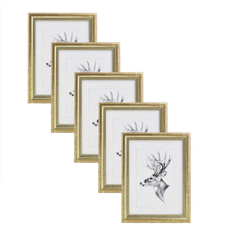 WOLTU 5er Set 13x18cm Bilderrahmen Artos Stil Holz Rahmen Fotogalerie Glasscheibe, Gold
