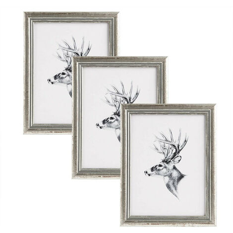 WOLTU 3er Set 21x29.7cm Bilderrahmen Artos Stil Holz Rahmen Fotogalerie Glasscheibe, Silber