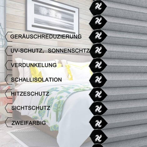 WOLTU Wabenplissee ohne Bohren Verdunklung Thermo Doppelplissee Klemmfix Zweifarbig, Plissee Faltrollo Sonnen-, Sicht- & Schallschutz, Jalousie Plisseerollo für Fenster & Tür, Grau-Weiß, 60x130cm