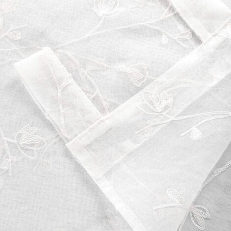WOLTU Gardinen transparent Blumen Stickerei mit Schlaufen Leinen Optik(2 Stücke) weiß 140x245 cm