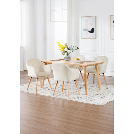 WOLTU Esszimmerstühle 4er Set, Küchenstuhl mit Rückenlehne Armlehne, Wohnzimmerstuhl, Polsterstuhl aus Samt Massivholz, für Esszimmer, Küche, Cremeweiß