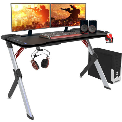 COSTWAY Gaming Tisch K-foermiger Computertisch PC Tisch Schreibtisch mit  Getraenkehalter, Kopfhoerer Haken und Videoablage 115x73cm