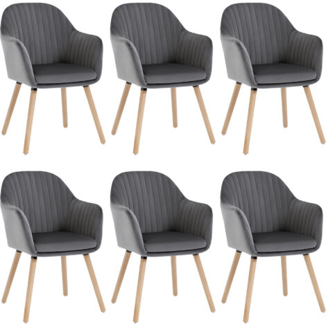 WOLTU Esszimmerstühle 6er Set, Küchenstuhl mit Rückenlehne Armlehne, Wohnzimmerstuhl, Polsterstuhl aus Samt Massivholz, für Esszimmer, Küche, Dunkelgrau
