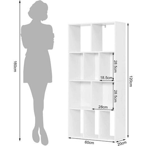 WOLTU Bücherregal mit 4 Ebenen, Regal mit 10 Fächern für Wohnzimmer Küche Büro, Standregal mit Kippschutz, als Raumteiler Aktenschrank DVD-Regal, 60x120x20 cm, aus Holzwerkstoff, weiß