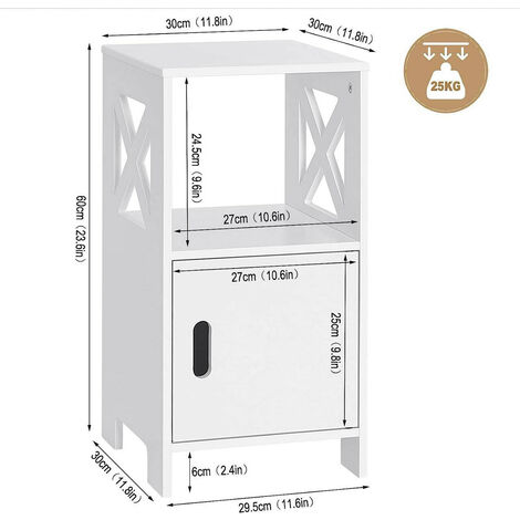 WOLTU Nachttisch schmal Weiß, Nachtschrank mit 1 offenem Fach und 1 Fach mit Tür, 30x60x30 cm, modernes Nachtkästchen, als Beistelltisch Sofatisch, für Schlafzimmer Wohnzimmer