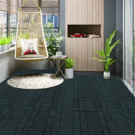 WOLTU 11 Stück WPC Terrassenfliesen Holzoptik, Fliese klicksystem Terrassendielen Bodenfliese Klickfliese Bodenbelag (1 m²) Anthrazit