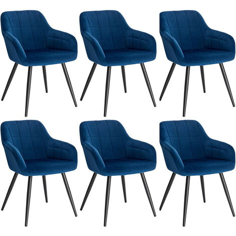 WOLTU 6 x Esszimmerstühle 6er Set Esszimmerstuhl Küchenstuhl Polsterstuhl Design Stuhl mit Armlehnen, mit Sitzfläche aus Samt, Gestell aus Metall Blau