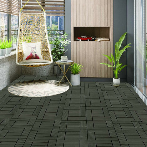WOLTU 11 Stück WPC Terrassenfliesen Holzoptik, Fliese klicksystem Terrassendielen Bodenfliese Klickfliese Bodenbelag (1 m²) Coffee