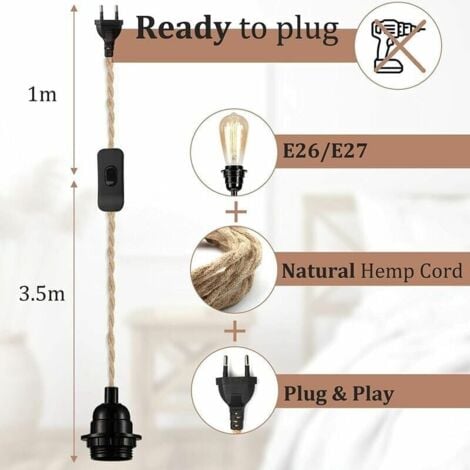 2 paires Lustre Corde de Chanvre Câble 4.5m, Douille E27 Interrupteur avec Fil Cable Ampoule, Pour DIY Lampe Suspension Lumière Pendante Industrielle Lustre Douille Fil Electrique Vintage