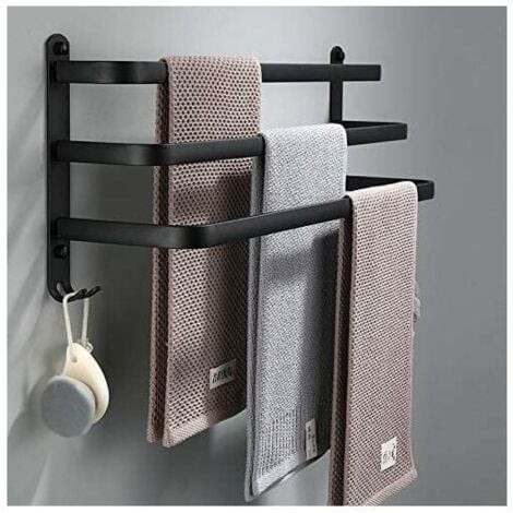 Porte Serviettes Salle de Bains, Barres Porte Serviettes Mural Noir Adhesif pour Douche et Cuisine, Étanche Barres Porte avec Crochet (Noir, 60cm)