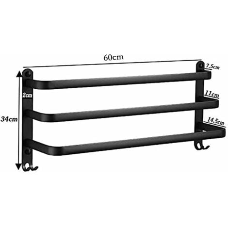 Porte Serviettes Salle de Bains, Barres Porte Serviettes Mural Noir Adhesif pour Douche et Cuisine, Étanche Barres Porte avec Crochet (Noir, 60cm)