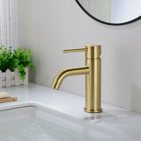 Robinet d'eau froide simple pour lavabo de salle de bain en laiton, robinet de lavabo à poignée unique avec tuyau d'arrivée d'eau, or brossé (simple froid)