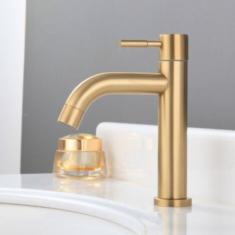 Robinet d'eau froide simple pour lavabo de salle de bain en laiton, robinet de lavabo à poignée unique avec tuyau d'arrivée d'eau, or brossé (simple froid)