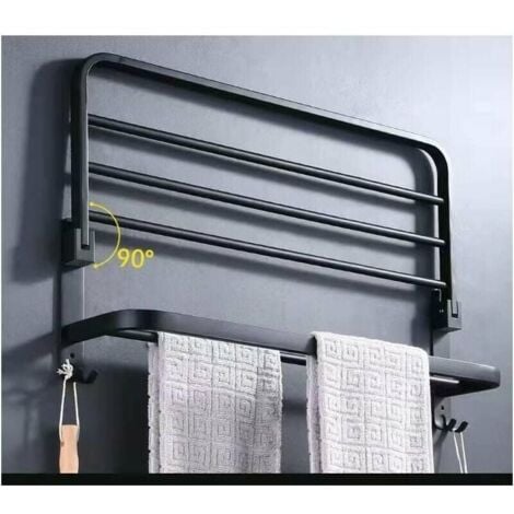 Porte Serviettes Salle de Bains, Étagère de Rangement Pliable Montée ​, Espace aluminium, Porte Serviette Salle de Bain Mural (40cm，Noir)