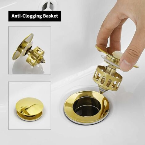 Bonde de vidange universelle sans trop-plein, bouchon de vidange pop-up en laiton massif pour lavabo et lavabo, installation sans outil, or brossé sans trop-plein