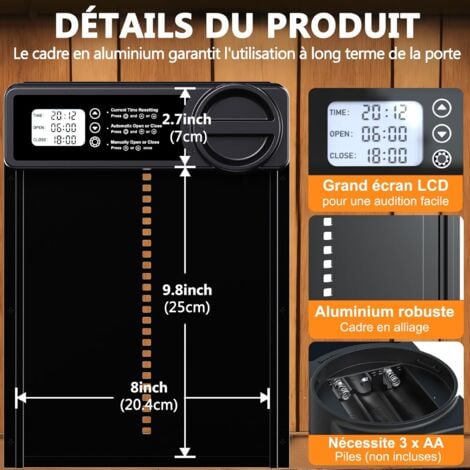 Porte Automatique Poulailler avec Minuterie du Soir/Matin, Porte Poulailler Automatique  Alliage d'aluminium  Écran LCD Étanche  Anti-pincement, Porte Poulailler Fonctionne à Piles