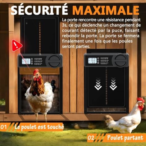 Porte Automatique Poulailler avec Minuterie du Soir/Matin, Porte Poulailler Automatique  Alliage d'aluminium  Écran LCD Étanche  Anti-pincement, Porte Poulailler Fonctionne à Piles