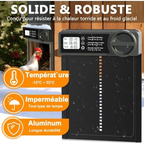 Porte Automatique Poulailler avec Minuterie du Soir/Matin, Porte Poulailler Automatique  Alliage d'aluminium  Écran LCD Étanche  Anti-pincement, Porte Poulailler Fonctionne à Piles