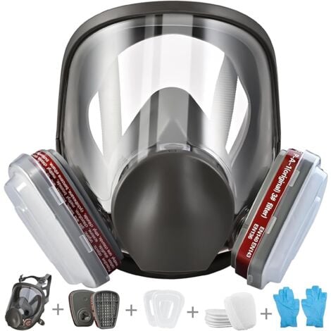 Respirateur facial complet réutilisable, Protection Respirateur Visage avec 10 filtres de rechange 5 paires de gants pour Peinture Particules Poussière Produits chimiques