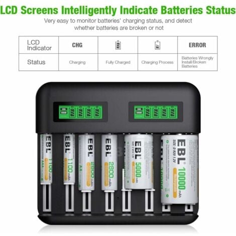 Chargeur de Piles Universel LCD - Chargeur pour AA/LR6, AAA/LR3, C/R14, D/R20 Ni-MH Piles Rechargeables, Technologie de Détection de Piles