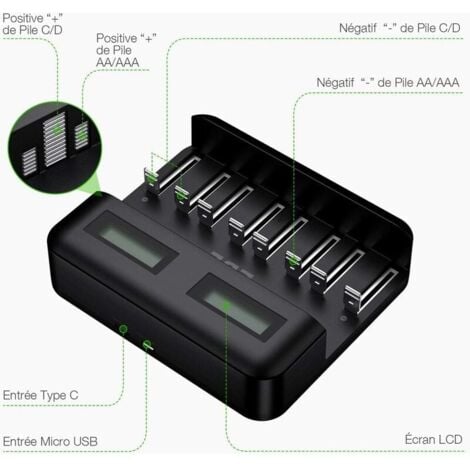 Chargeur de Piles Universel LCD - Chargeur pour AA/LR6, AAA/LR3, C/R14, D/R20 Ni-MH Piles Rechargeables, Technologie de Détection de Piles