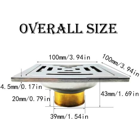 Drain de Douche Carré Siphon De Sol Anti-Odeur,Acier Inoxydable Drain de Plancher avec Passoire Filtre,pour Salle De Bain(100 mm )