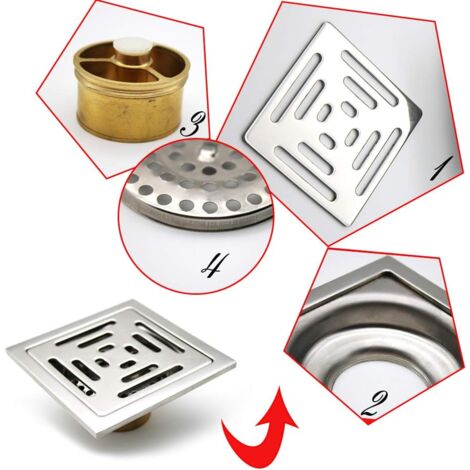 Drain de Douche Carré Siphon De Sol Anti-Odeur,Acier Inoxydable Drain de Plancher avec Passoire Filtre,pour Salle De Bain(100 mm )