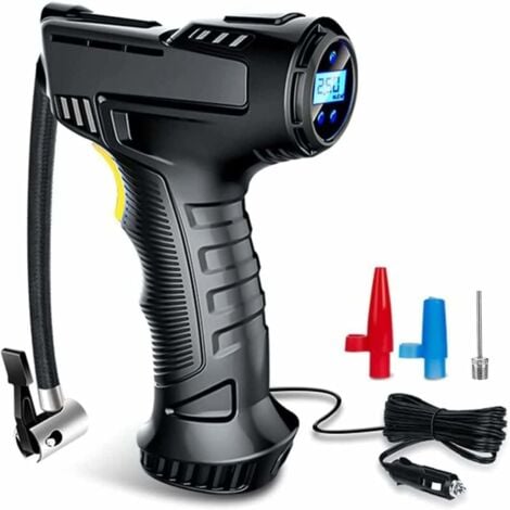 Compresseur d'air Portatif, Gonfleur Pneus Voiture 12v DC, Fil Allume Cigare,3 Adaptateurs de Buses,pour Voiture Vélo et Balle Gonflable avec Ecran LCD et Lampe LED