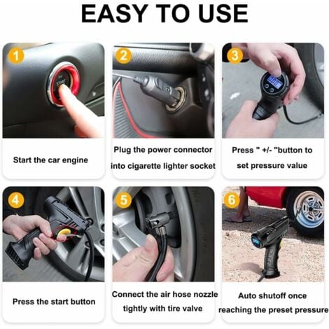 Compresseur d'air Portatif, Gonfleur Pneus Voiture 12v DC, Fil Allume Cigare,3 Adaptateurs de Buses,pour Voiture Vélo et Balle Gonflable avec Ecran LCD et Lampe LED