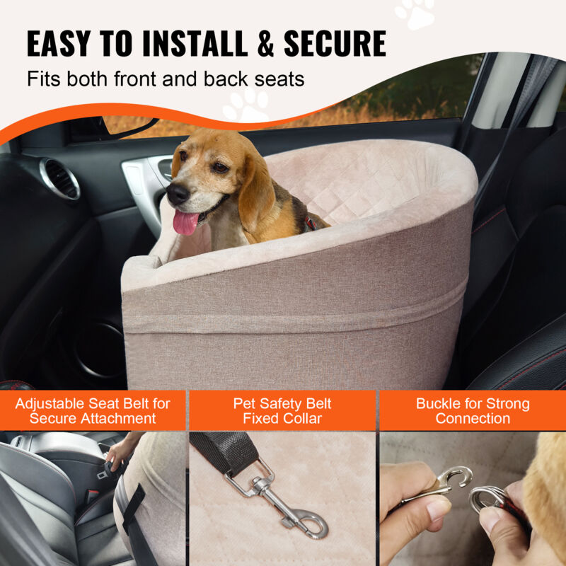 Siège Auto Console Centrale Chien – Rehausseur Pliable Pour Petit Chien Jusqu'à 8,2 Kg, Ceinture Sécurité, Poches, Lavable