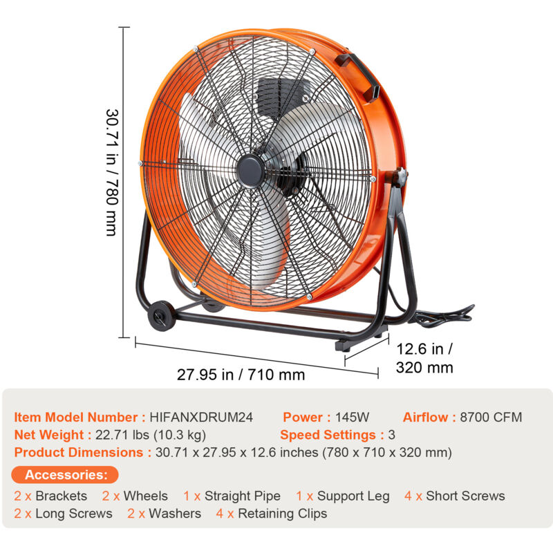 Ventilateur De Sol Industriel 24'' COSTWAY - 3 Vitesses - Débit D'Air 613 L/s - Avec Roulettes
