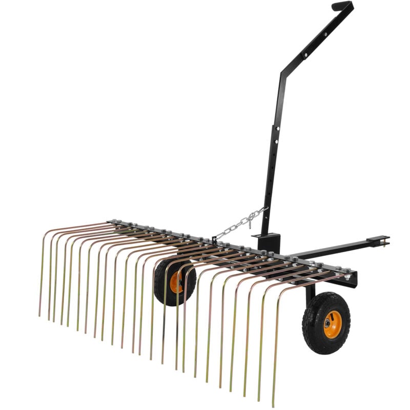 Mophorn Déchaumeur tracté de 60 pouces, 24 dents en acier pour VTT ou tondeuse, ramassage d'herbe et de feuilles, poignée de levage réglable, construction en acier durable
