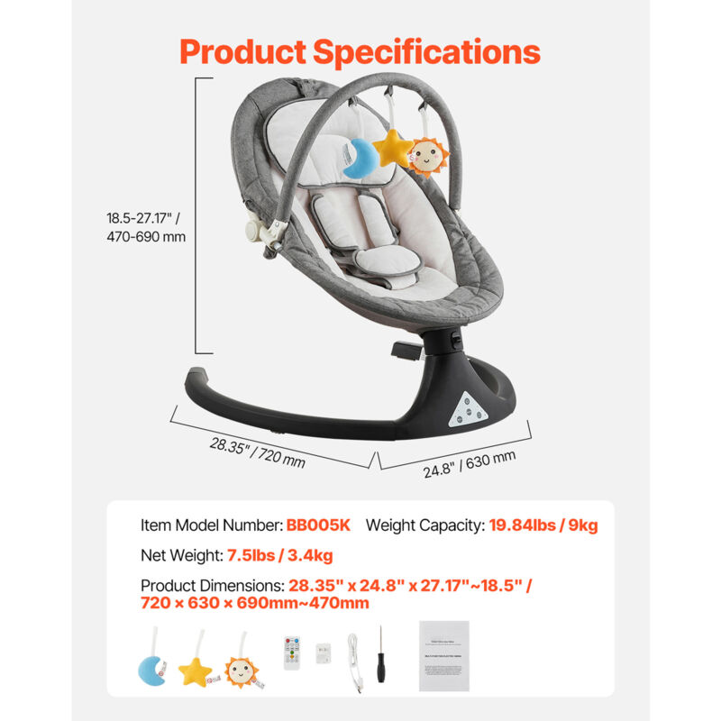 Berceuse Électrique Bébé 4 Modes - Télécommande, USB, 12 Berceuses - Moustiquaire Incluse (Gris)