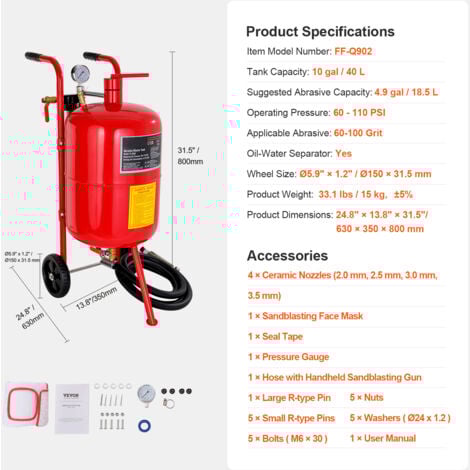 Mophorn 10Gal/40L sableuse equipee deun robinet dearret, deun manometre, deune buse en ceramique, deun tuyau de 2,5 m, deun entonnoir de remplissage, deun piege a eau, de roues en caoutchouc de 6", de