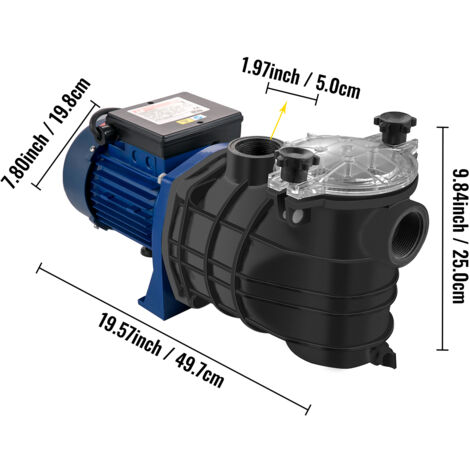 Mophorn Pompe de piscine 1HP 15000 L/h 750W, pompe de piscine enterrée/enterrée avec panier-crépine Pompe Piscine Filtration 3450 tr/min 50 ℃, entrée/sortie 1,97" , comprend 2 tuyaux de raccordement