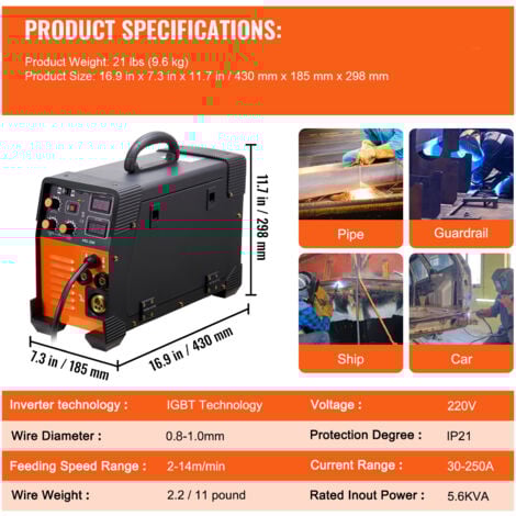 Mophorn Soudeur MIG 250 Amp 3 en 1 Machine à souder 220V TIG MMA Stick IGBT DC Inverter Welder Digital Display