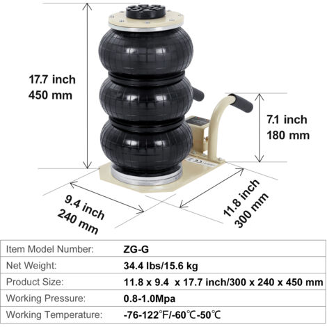 Cric Pneumatique LARBANKE Triple Sac - Capacité 5 Tonnes - Levage Rapide En 3s, Hauteur 15,9 à 40 Cm