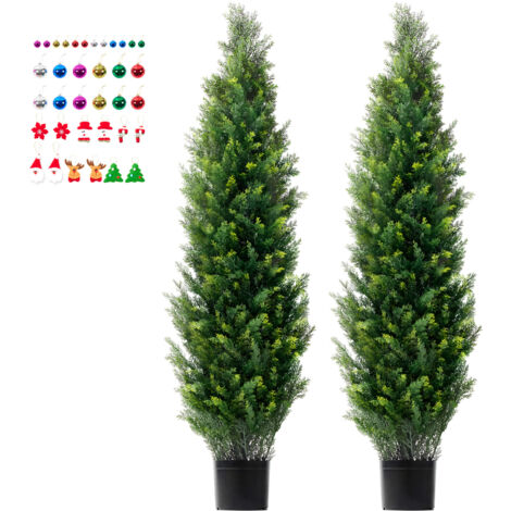 Mophorn Lot de 2 arbres topiaires artificiels en cèdre de 152,4 cm. Faux pins et cyprès à feuilles persistantes avec feuilles supplémentaires et pot. Ensemble de verdure artificielle résistante aux