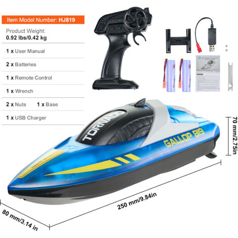 Forhome Bateau RC 2,4 GHz – 15 Km/h, Lumières LED, Double Batterie, Autonomie 120 Min, Système Anti-retournement – Jouet De Piscine Et Lac – Cadeau été