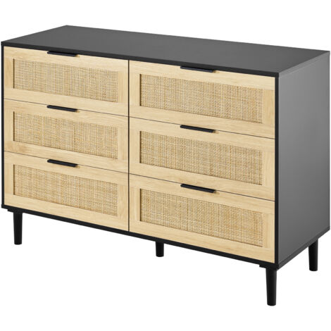 Commode 5 Tiroirs Rotin & Bois - Style Bohème Pour Chambre Ou Salon, Rangement Élégant